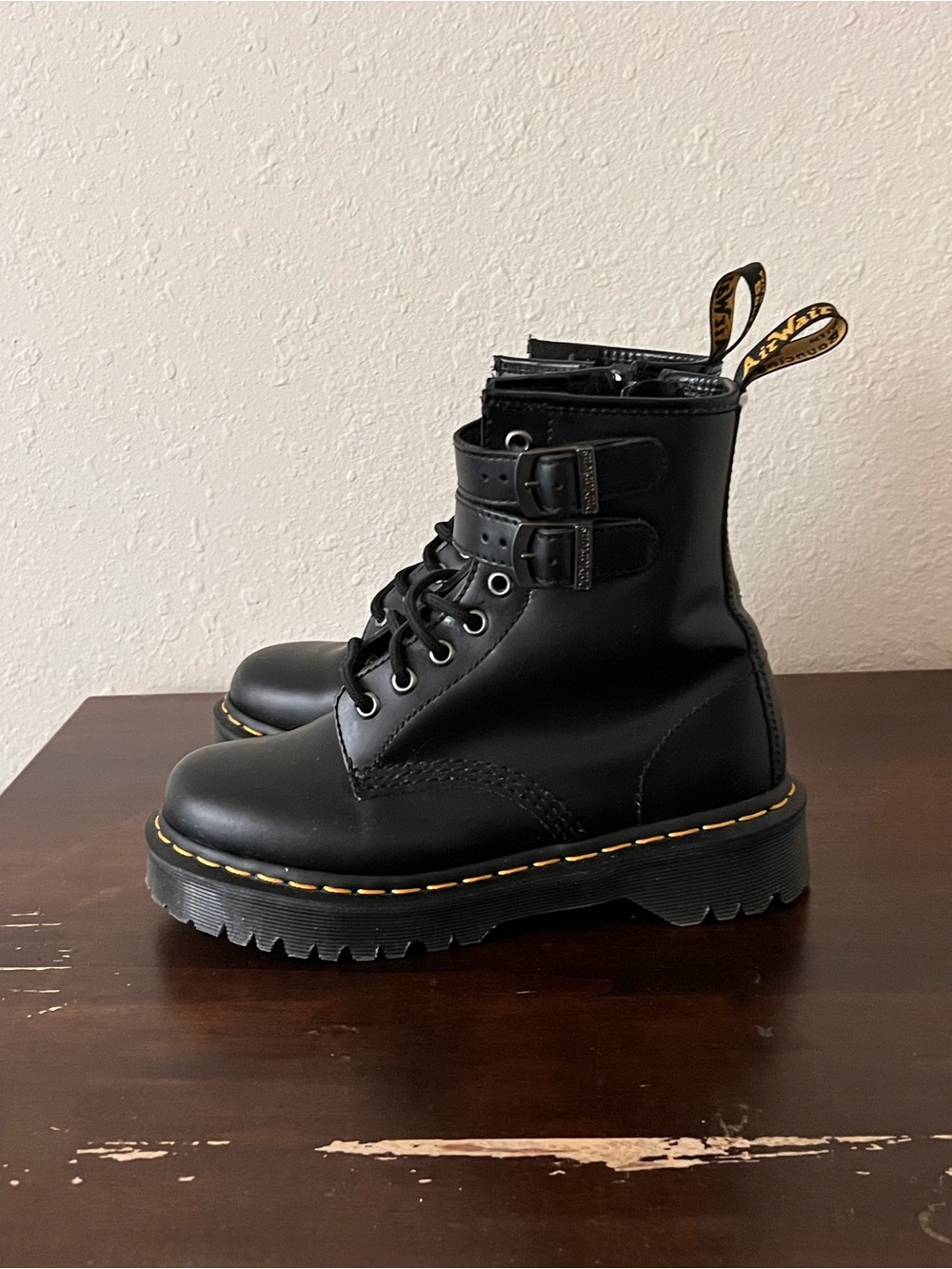 Dr. Martens Black Leather Lace-Up Combat Boots with Double Straps - Picture 3 of 6